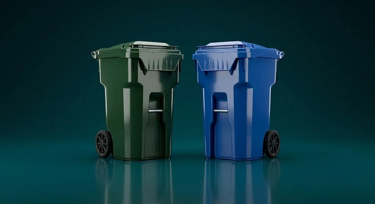 A clean green trash bin and blue recycling bin in a studio product shot on a dark teal background