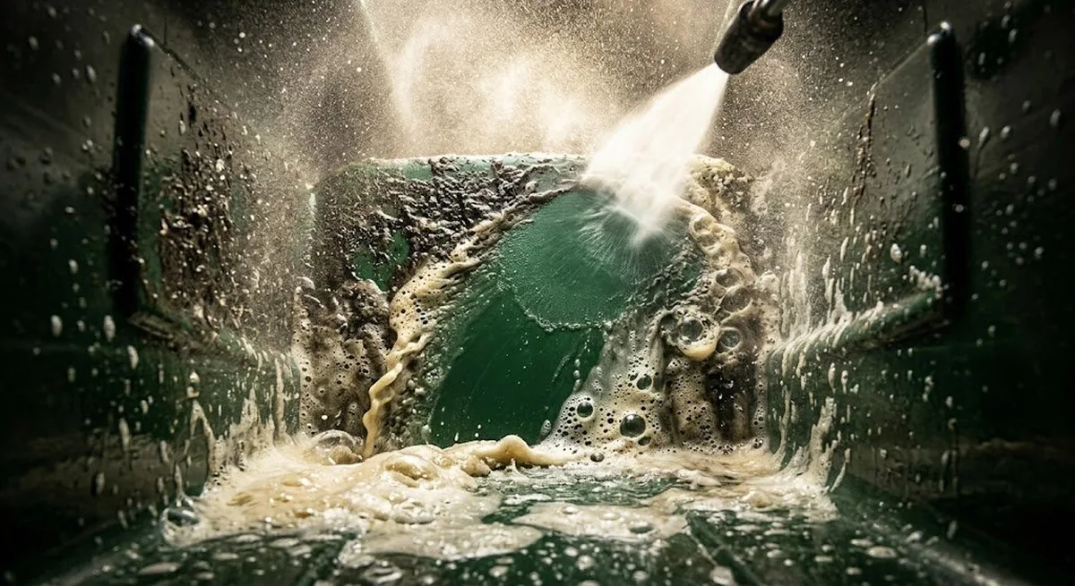 High pressure water washing grime out of the inside of a trash bin