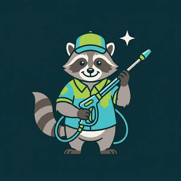 The Bin Patrol raccoon mascot in a patrol uniform holding a pressure washer wand