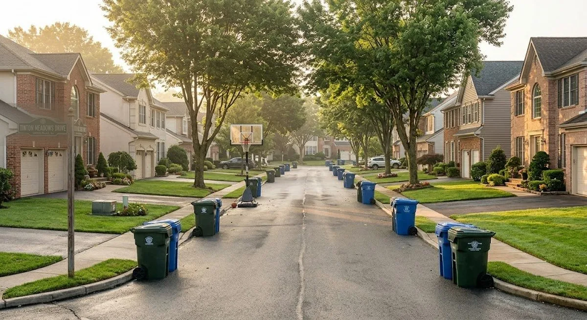 A dense Howell NJ development street with bins clustered at each driveway on collection day