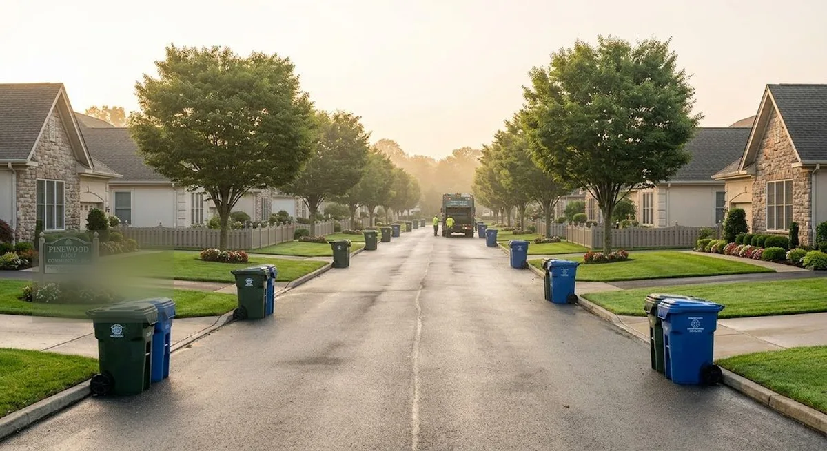 A 55-plus community street in Jackson NJ with trash and recycling bins at every curb on pickup morning